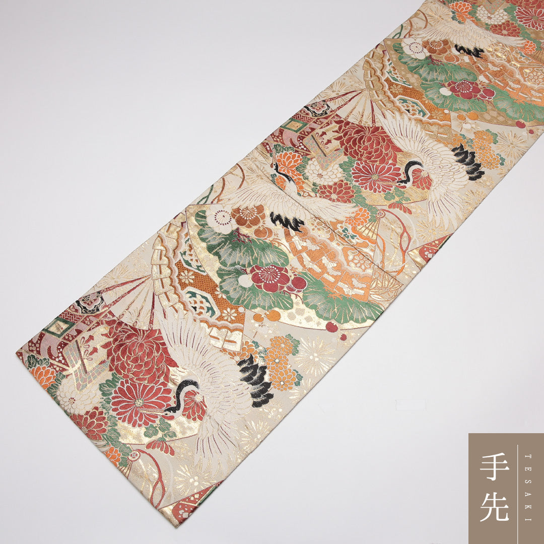 アンティーク 丸帯 帯丈372cm 正絹 全通 御所車 鶴 クリーム系 金系 1242-01189