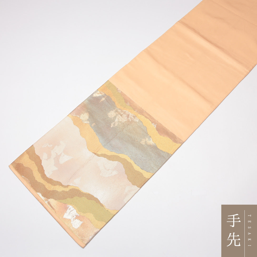 袋帯 帯丈432cm 正絹 六通 セミフォーマル 綴れ織 道長取り 金系 1243-01270