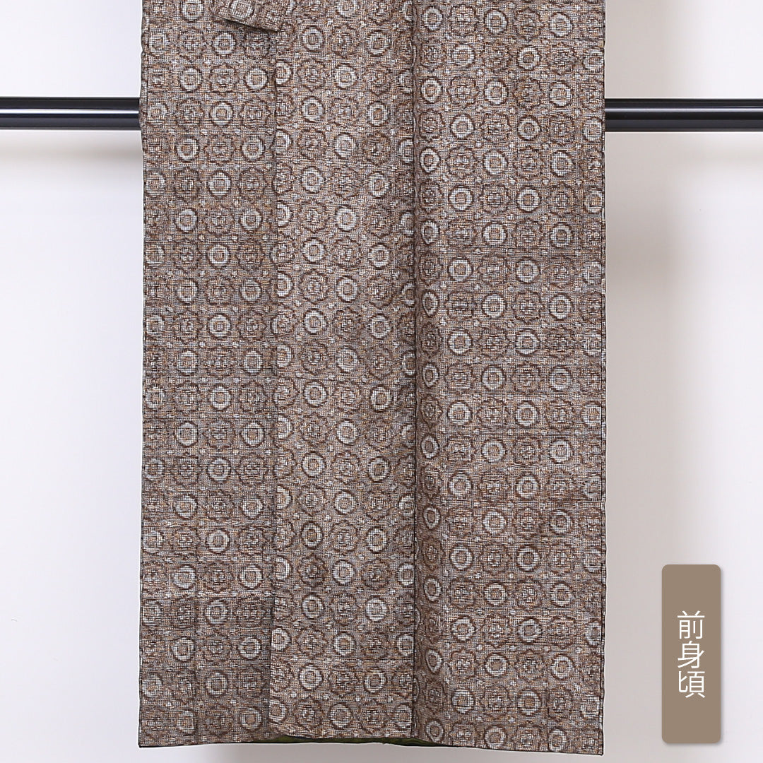 紬 袷 身丈146cm 裄丈63cm 正絹 Bランク カジュアル バチ衿 XSサイズ 幾何学柄 茶系 RP 1223-03271