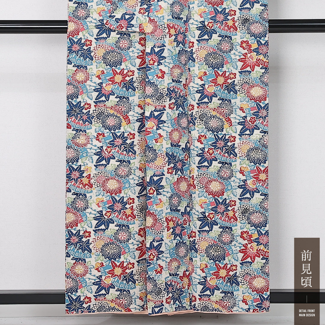 アンティーク 京紅型 小紋 身丈154cm 裄丈64cm Aランク S 正絹 袷 広衿 ポップ 扇 菊 紅葉 青系 1215-12507