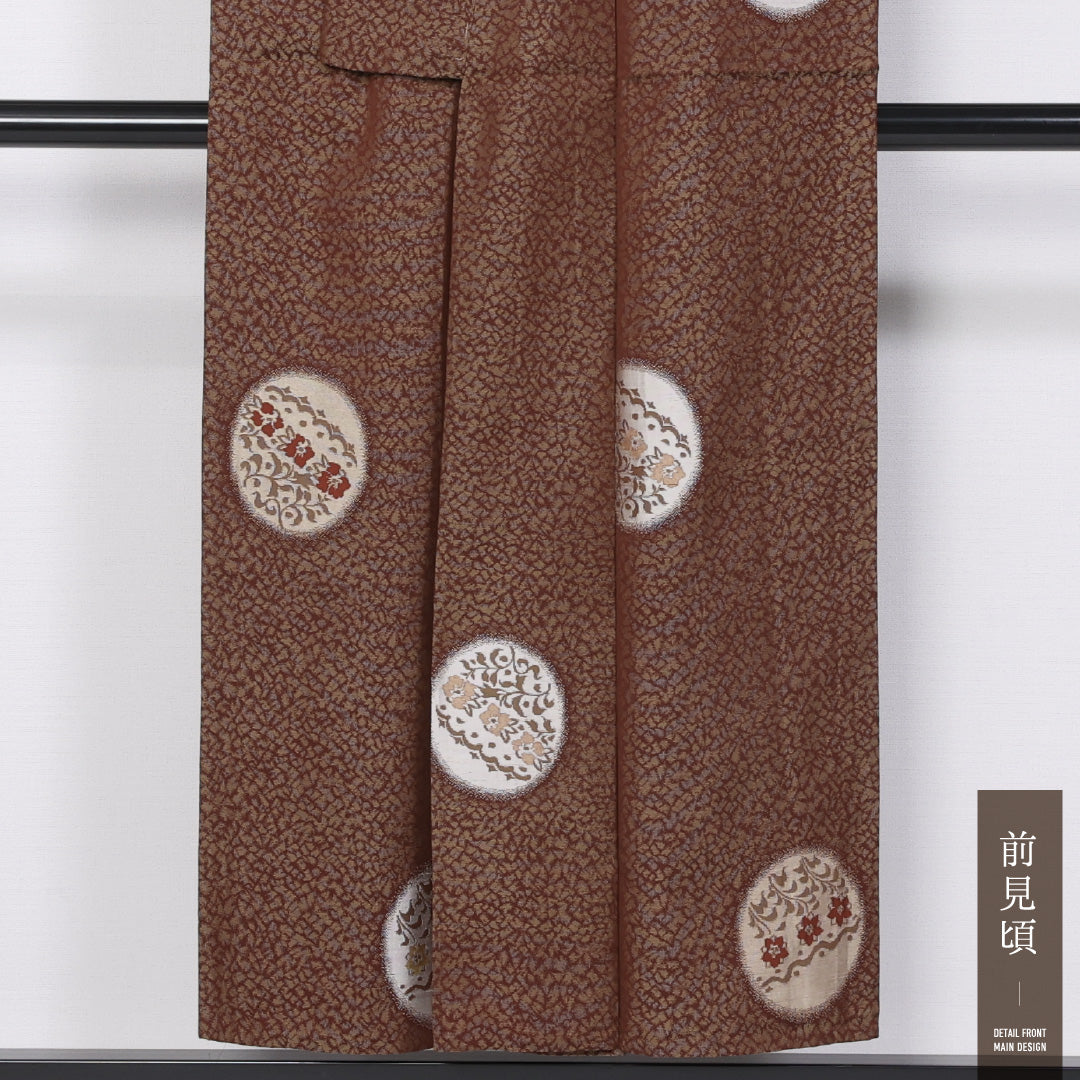 アンティーク お召 単衣 身丈148cm 裄丈62cm 正絹 Aランク 広衿 XSサイズ 居敷当て 唐華 丸文 赤系 M4 1222-11417