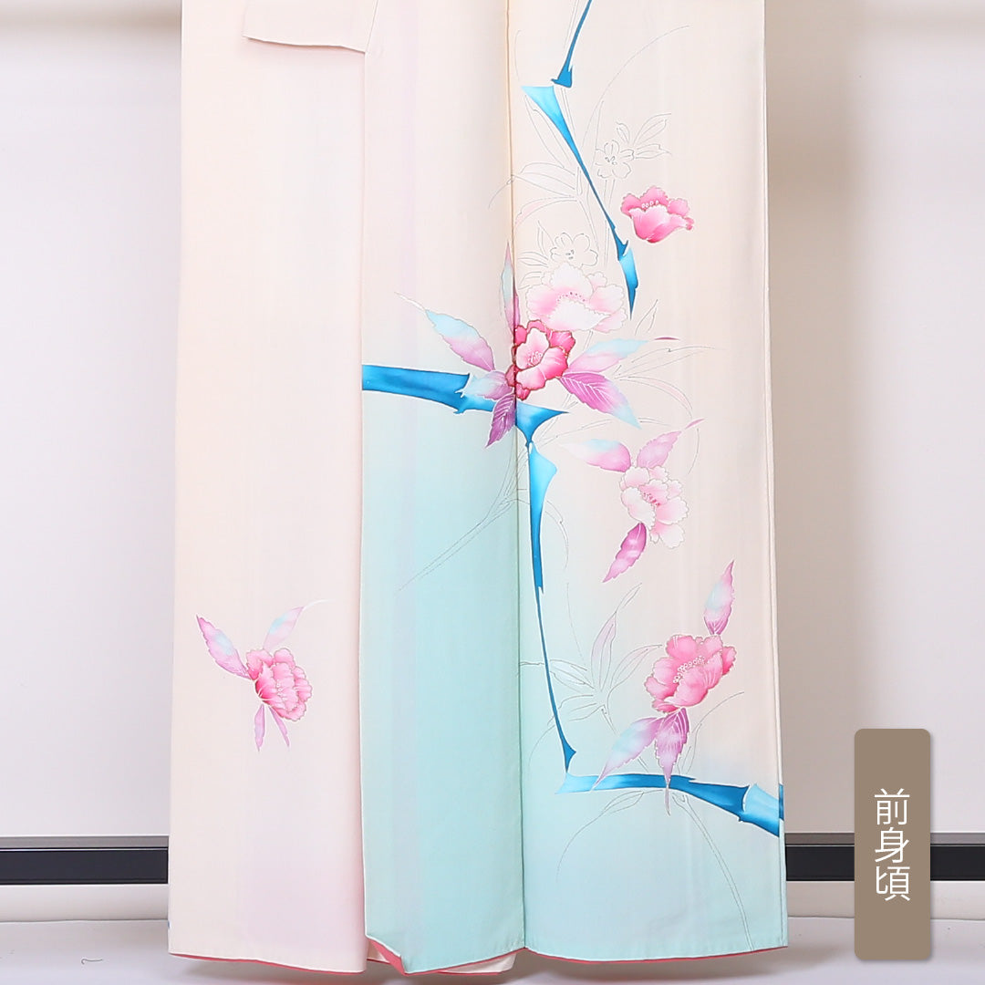 訪問着 袷 身丈161cm 裄丈62cm 正絹 Cランク Lサイズ 広衿 セミフォーマル 牡丹 金駒刺繍 クリーム系 1212-04478