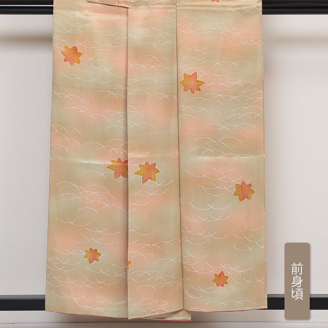 小紋 袷 身丈153cm 裄丈63cm 正絹 Aランク インフォーマル 広衿 Sサイズ ぼかし染 芝草 紅葉 朱系 HP 1221-01642