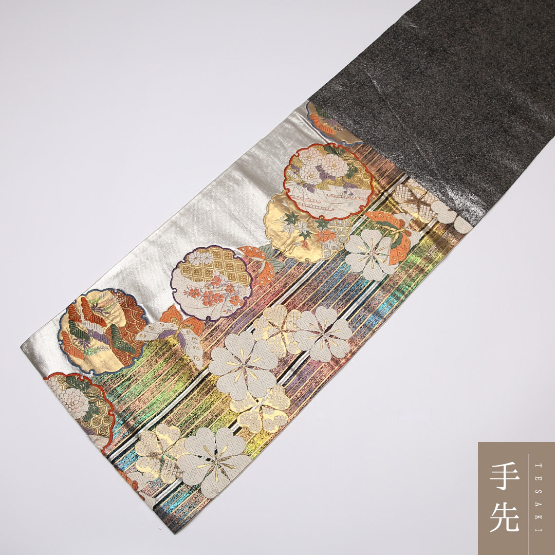振袖帯 袋帯 帯丈418cm 六通 雪輪 桜 フォーマル 銀系 正絹 Bランク 1223-01084