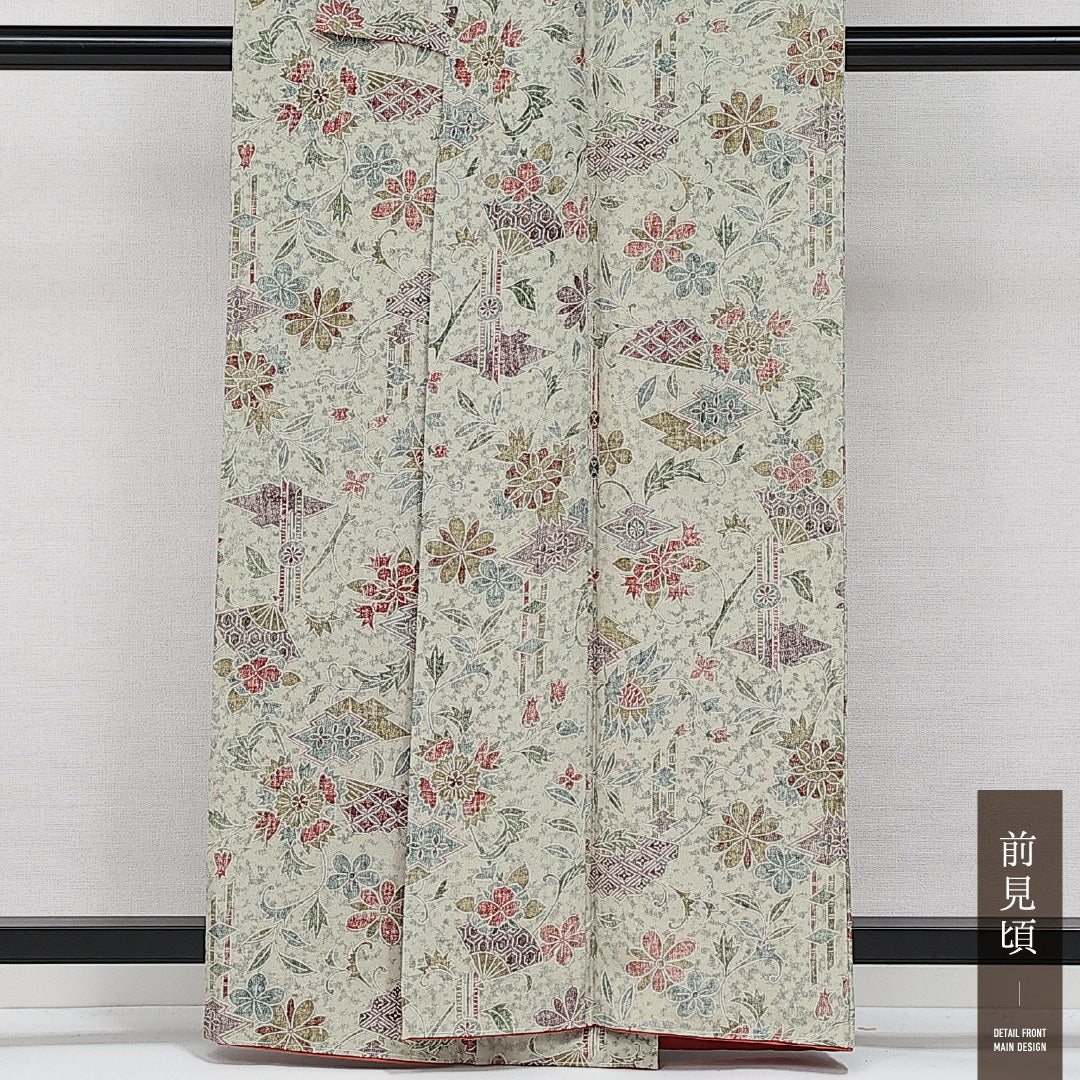 未使用品 小紋 袷 身丈159cm 裄丈64cm 正絹 Sランク インフォーマル 広衿 Mサイズ しつけ糸 吉祥文様 緑系 RP 1221-14301