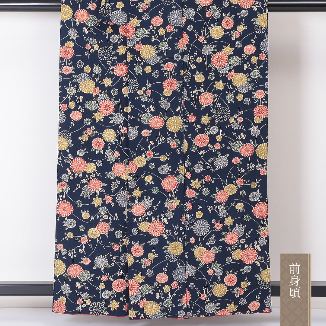 小紋 袷 身丈157cm 裄丈65cm 正絹 Sランク インフォーマル バチ衿 Mサイズ 菊 紅葉 紺系 RP 1221-02059