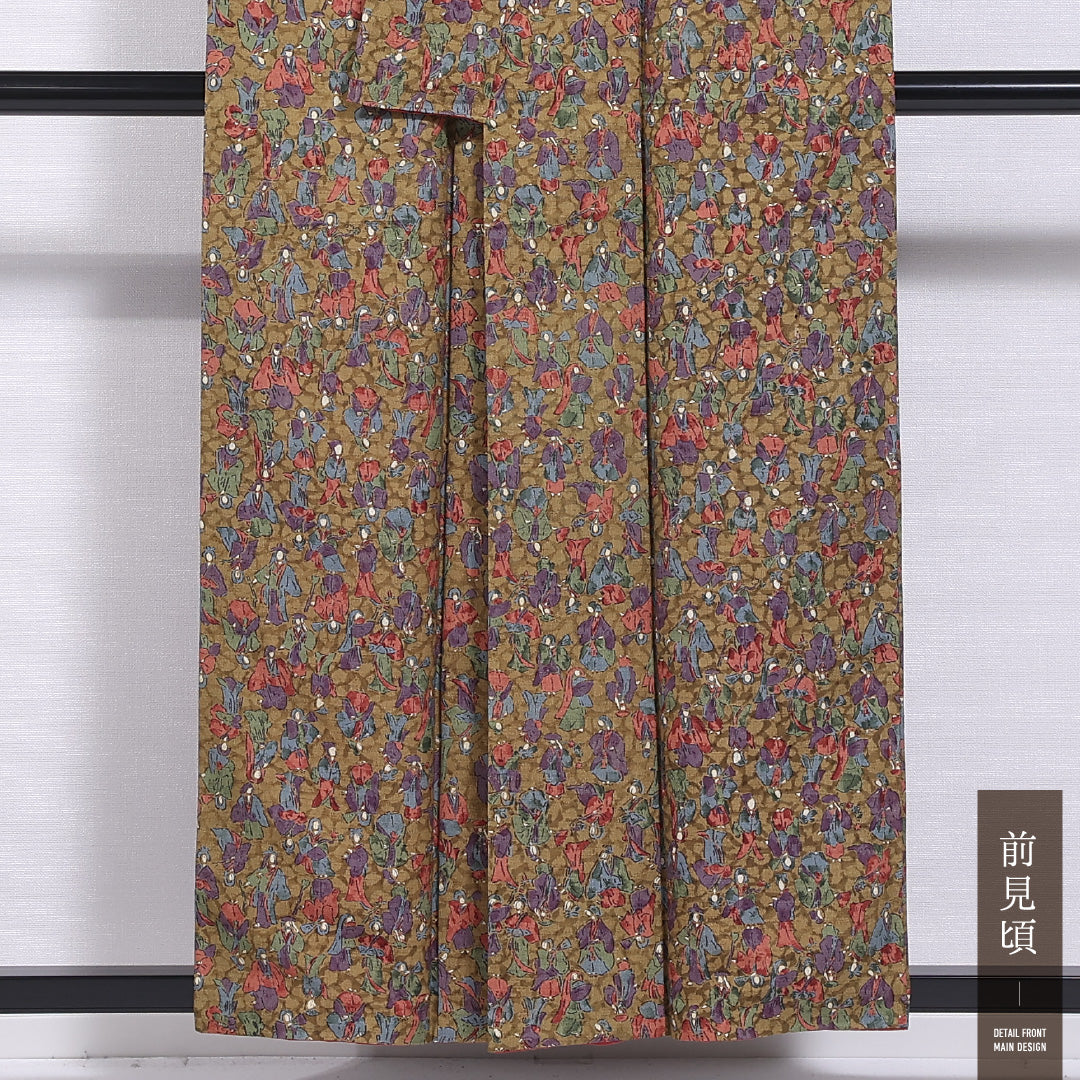 小紋 袷 身丈155cm 裄丈64cm 正絹 Aランク インフォーマル 広衿 Mサイズ 人物 花柄 緑系 HP 1221-11736