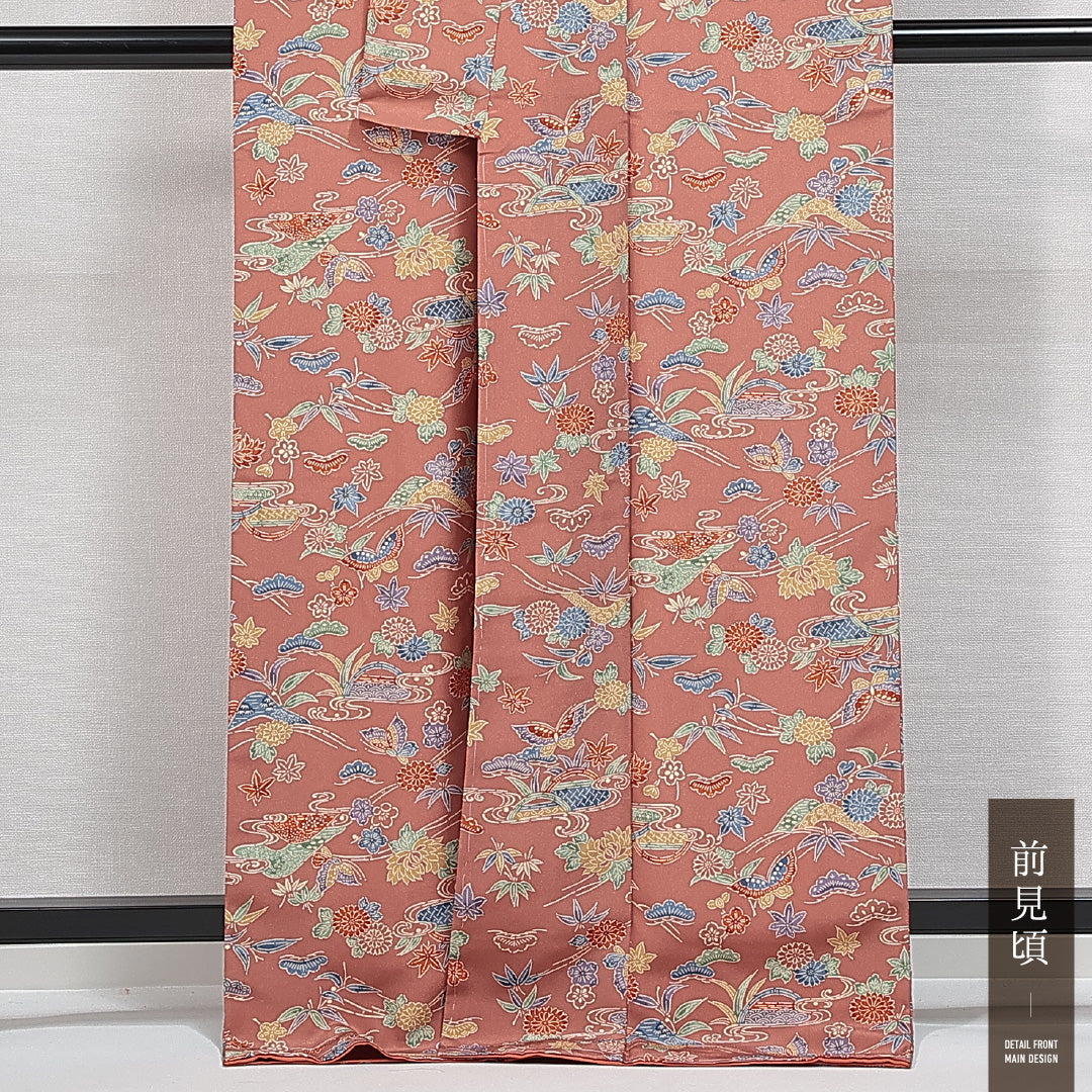 洗える着物 小紋 袷 身丈168cm 裄丈66cm ポリエステル Sランク インフォーマル 広衿 XLサイズ 型染め ガード加工 蝶 古典柄 朱系 RP 1221-14731