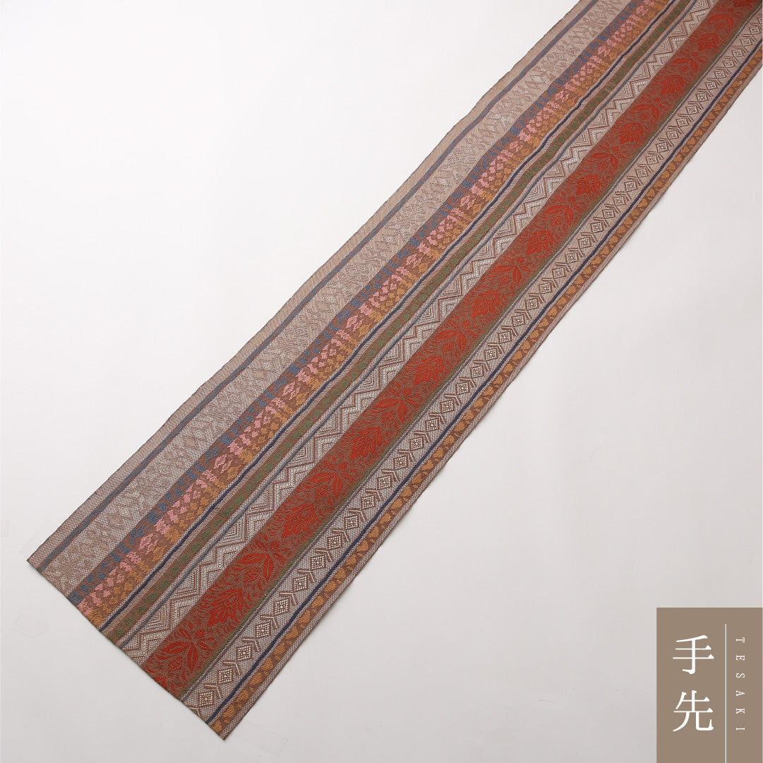 八寸名古屋帯 Aランク 帯丈344cm 正絹 全通 開き仕立て 織り カジュアル 紬 間道 多色系 RP 1245-02413