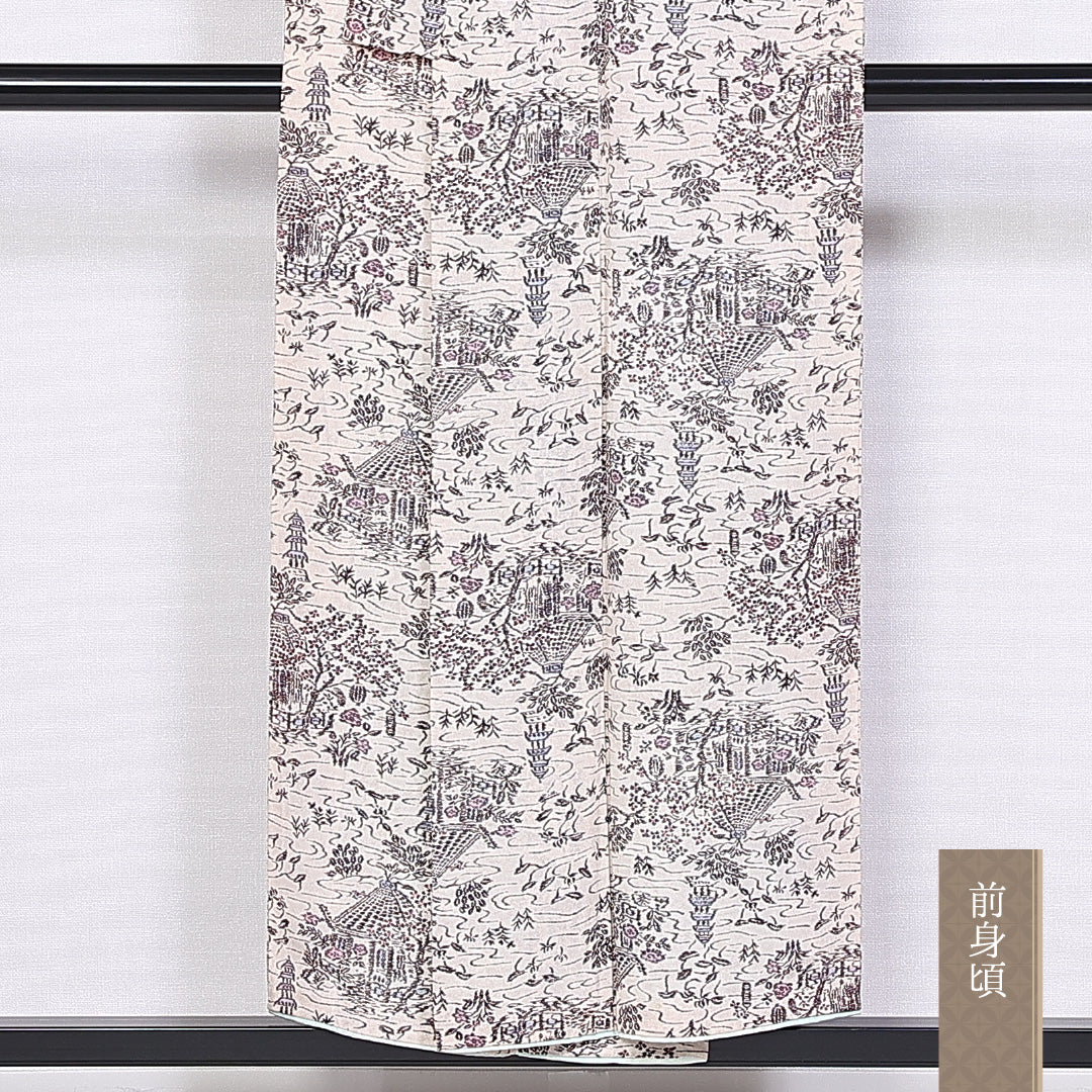 小紋 身丈150cm 裄丈63cm Bランク 袷 洗える着物 ポリエステル バチ衿 楼閣 1215-10162