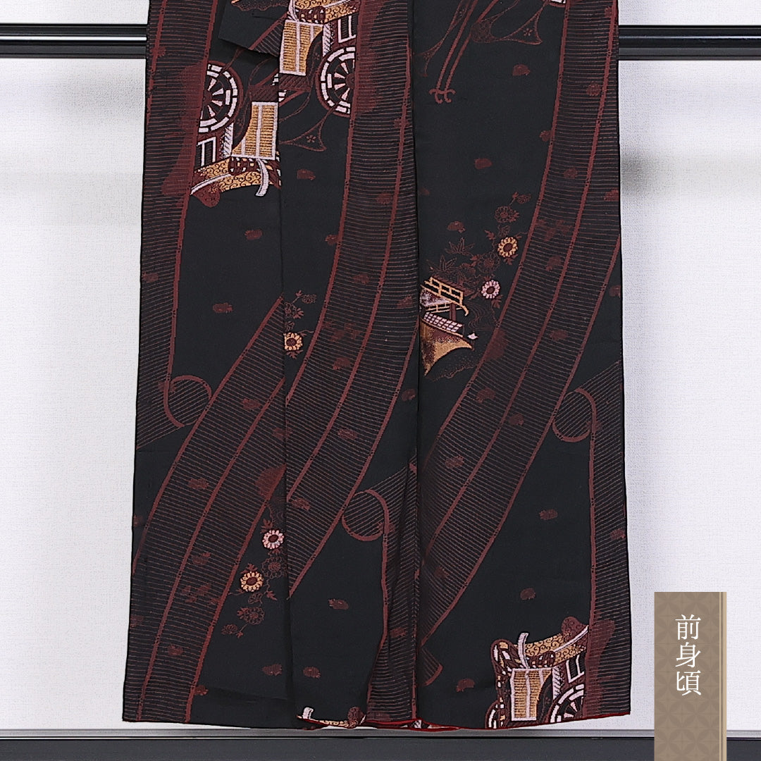 アンティーク お召 袷 身丈149cm 裄丈61cm 正絹 Cランク バチ衿 XSサイズ 御所車 菊 笹 黒系 RP 1222-11005