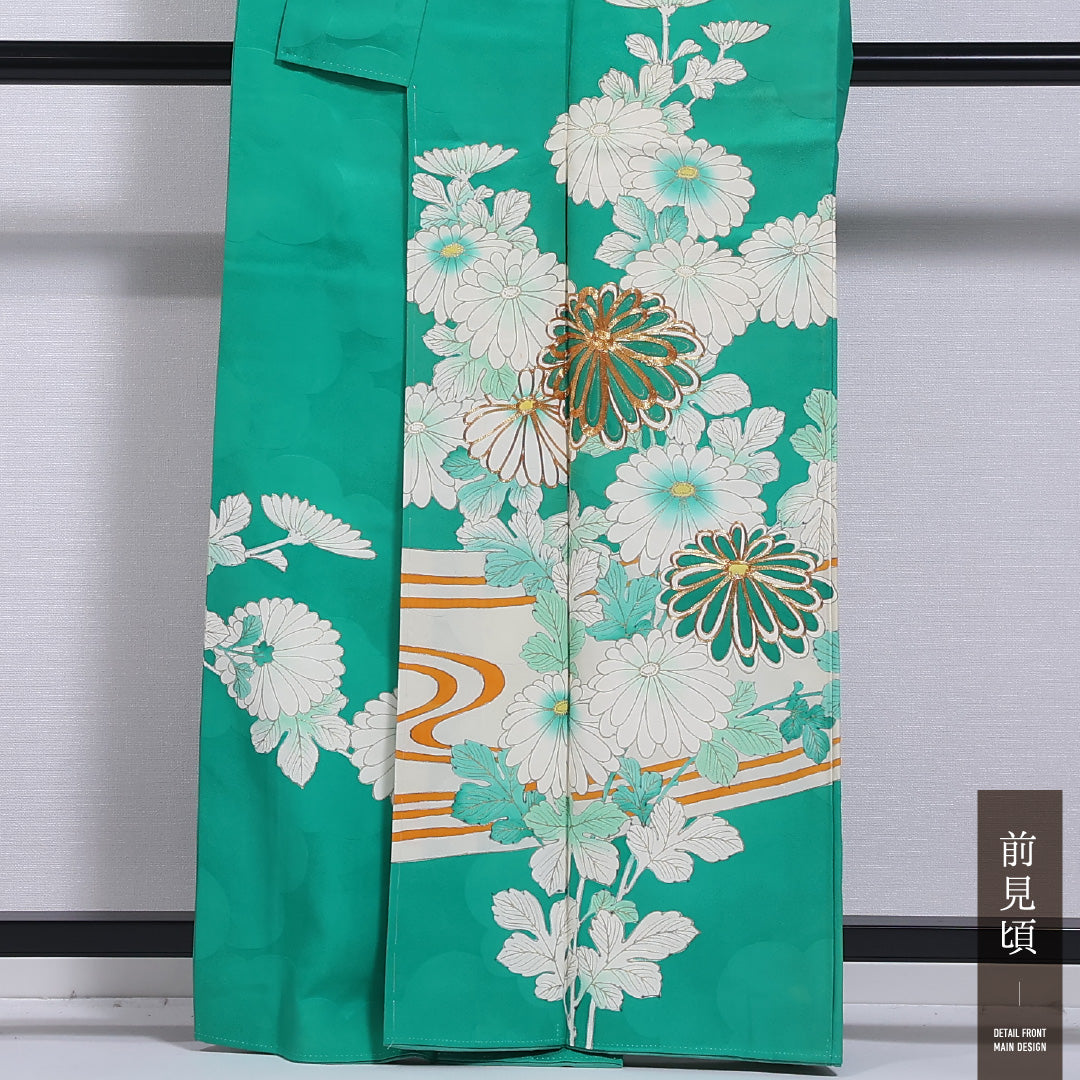 アンティーク 訪問着 袷 身丈162cm 裄丈63cm 正絹 Cランク 一つ紋 (上がり藤に扇子) 広衿 Lサイズ 金駒刺繍 流水 菊 緑系 RP 1217-11687