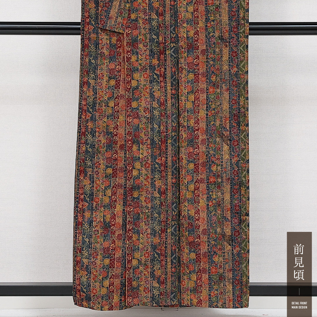 紬 単衣 身丈157cm 裄丈62cm 正絹 Sランク カジュアル バチ衿 Mサイズ 染め紬 肩当て 唐華 茶系 RP 1223-14337