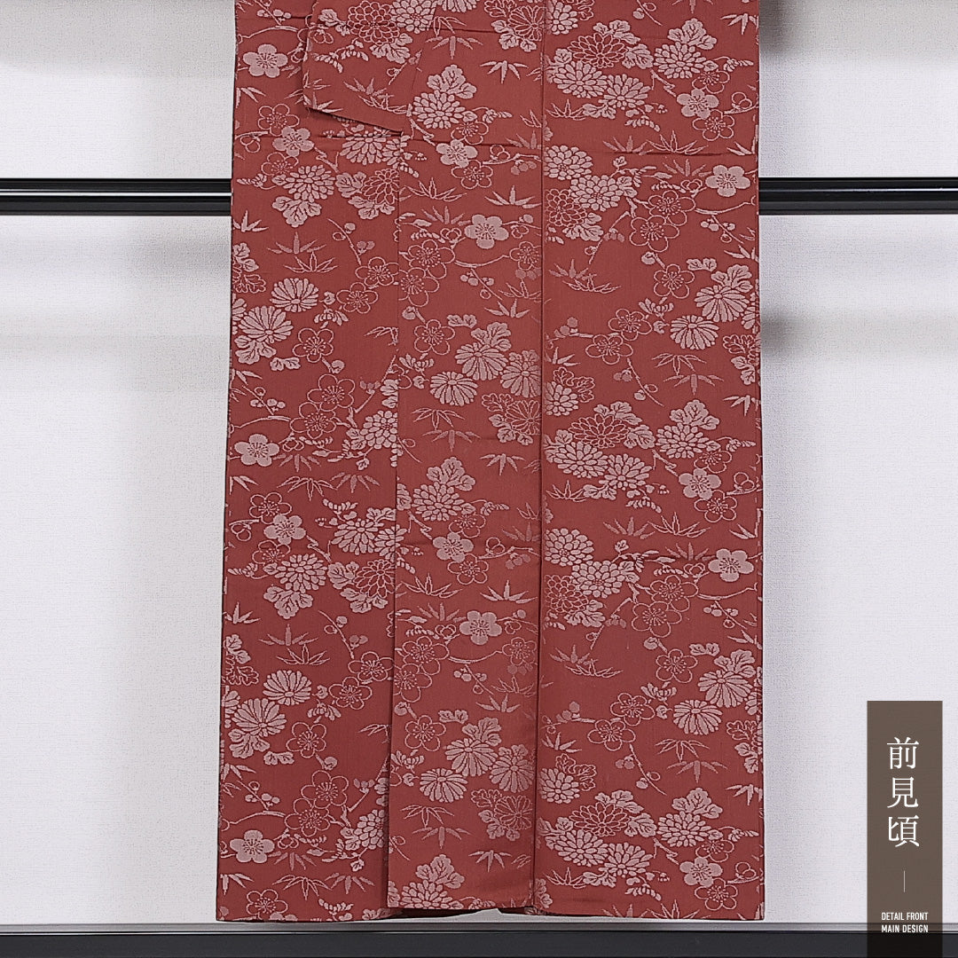 アンティーク お召 単衣 身丈149cm 裄丈63cm 正絹 Bランク 広衿 XSサイズ 菊 笹 赤系 RP 1222-11026