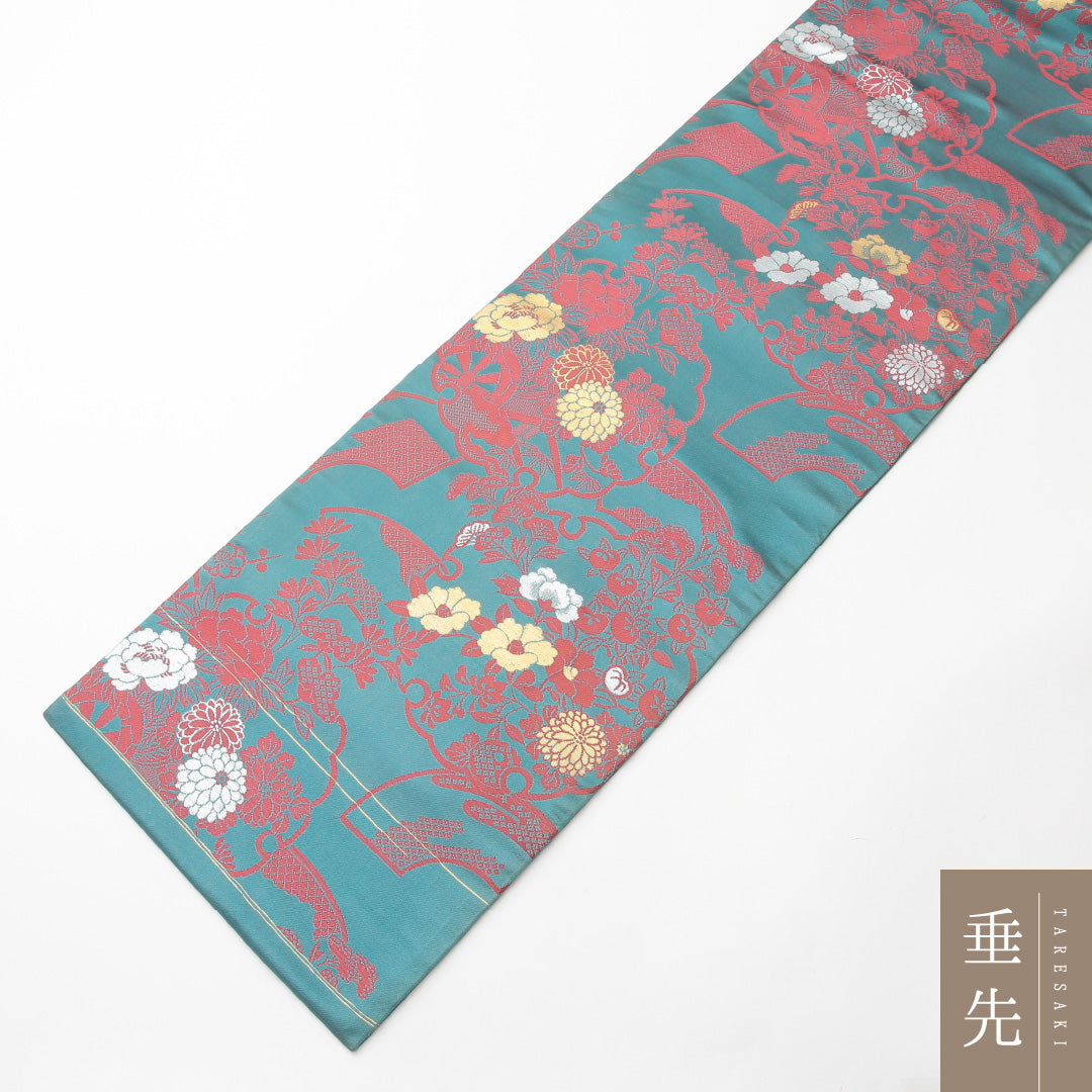 アンティーク 名古屋帯 六通 帯丈330cm Aランク 正絹 吉祥文様 四季草花 雪輪 緑系 1224-02132