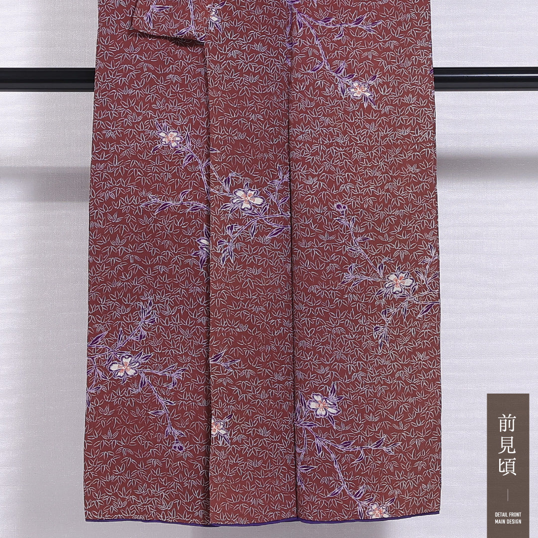 小紋 (ちりめん) 袷 身丈146cm 裄丈63cm 正絹 Aランク インフォーマル 広衿 XSサイズ 桜 ちりめん 赤系 RP 1221-11658