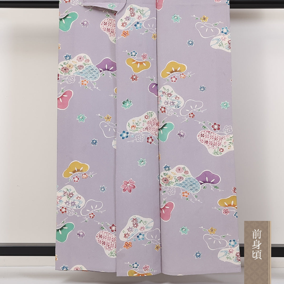 手染め紅型 小紋 単衣 身丈159cm 裄丈63cm 正絹 秀美謹製 Cランク Mサイズ 広衿 インフォーマル 居敷当て ちりめん 花柄 植物柄 証紙 紫系 1215-02297