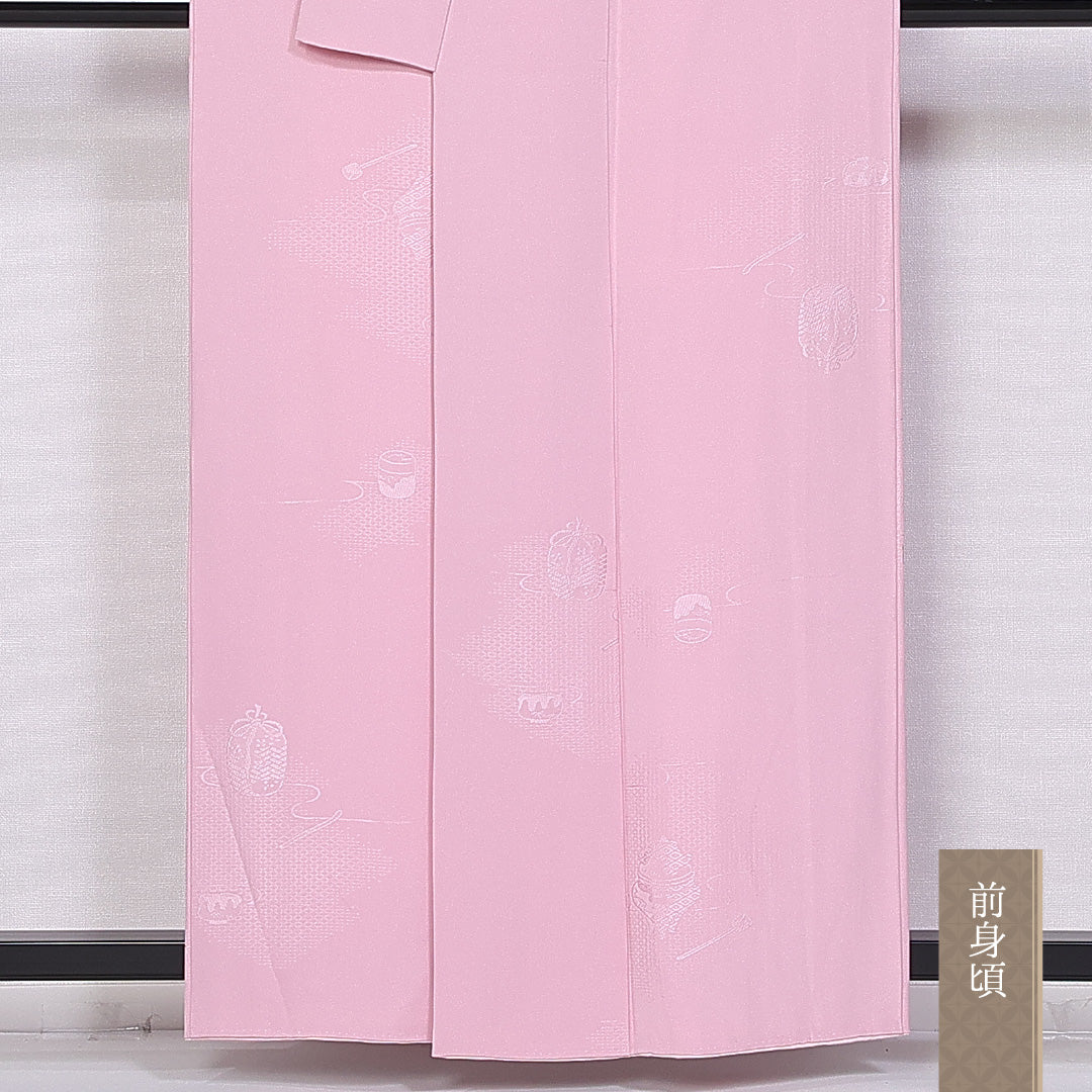 色無地 袷 身丈158cm 裄丈64cm 正絹 Sランク 一つ紋 (五三桐) セミフォーマル 広衿 Mサイズ 織り出し 茶道具 ピンク系 RP 1219-10695