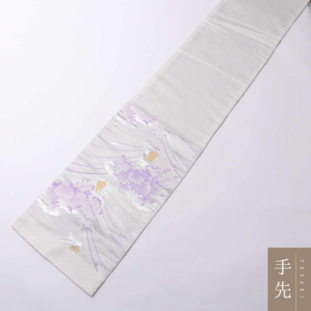 袋帯 帯丈440cm 六通 未仕立て 振袖帯 Sランク ポリエステル 蝶 麻の葉 牡丹 上品 華やか 銀系 1223-01587