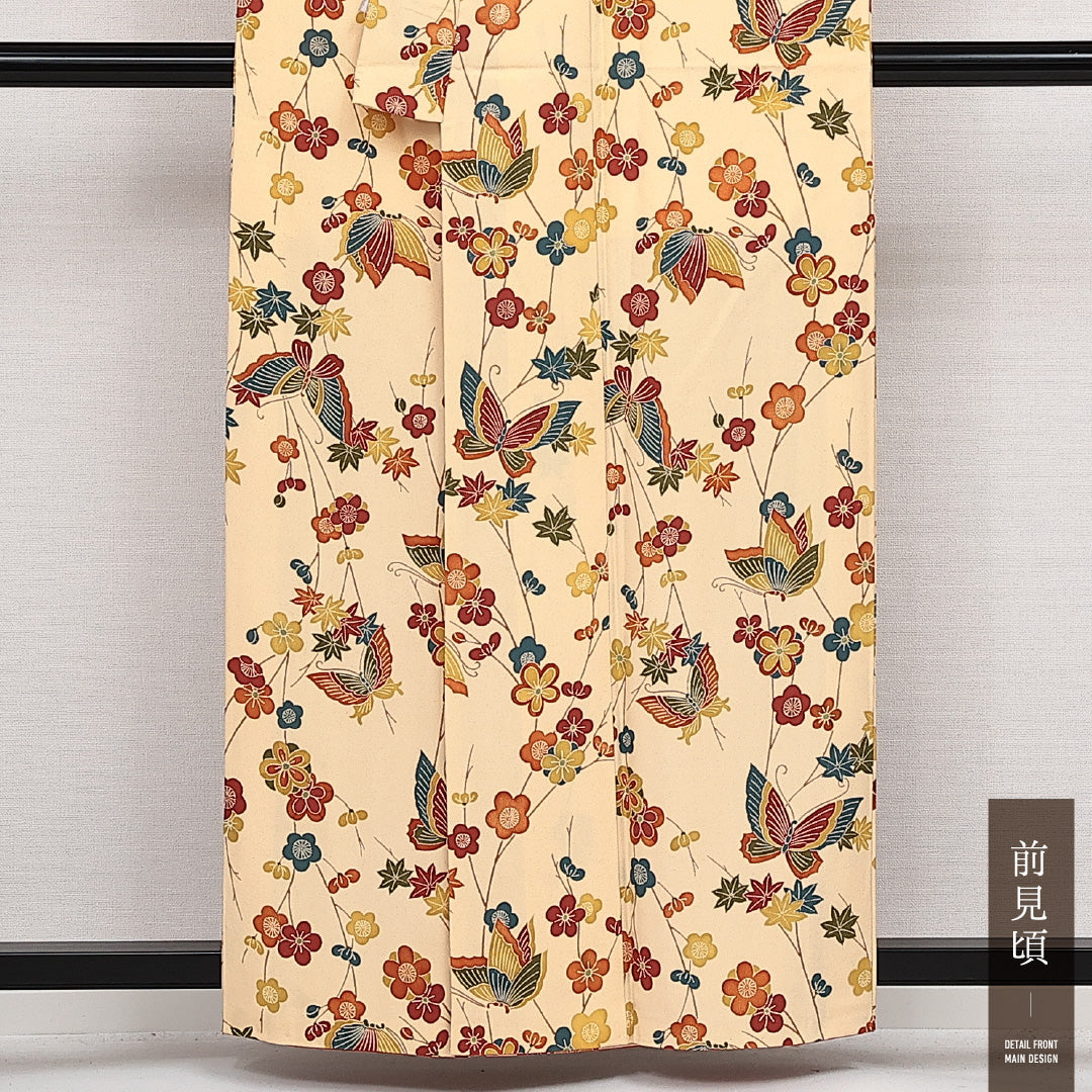 小紋 袷 身丈157cm 裄丈63cm 正絹 Sランク インフォーマル 広衿 Mサイズ 蝶 梅 黄系 RP 1221-14116