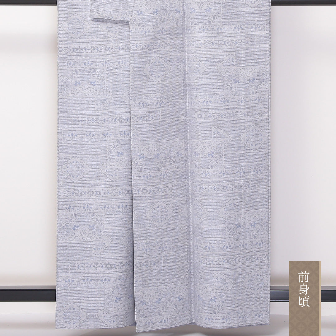 真綿紬 袷 身丈159cm 裄丈66cm 正絹 Aランク カジュアル 広衿 Mサイズ アラベスク文様 グレー系 RP 1223-03619