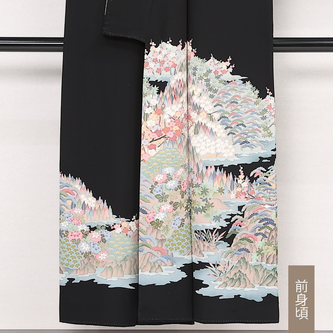 黒留袖 五つ紋 井桁 鶴見 保次 身丈148cm 裄丈63cm Sランク 正絹 袷 比翼 広衿 XS 作家物 落款 加賀友禅 フォーマル 幻想的 重厚感 黒系 1211-F0583