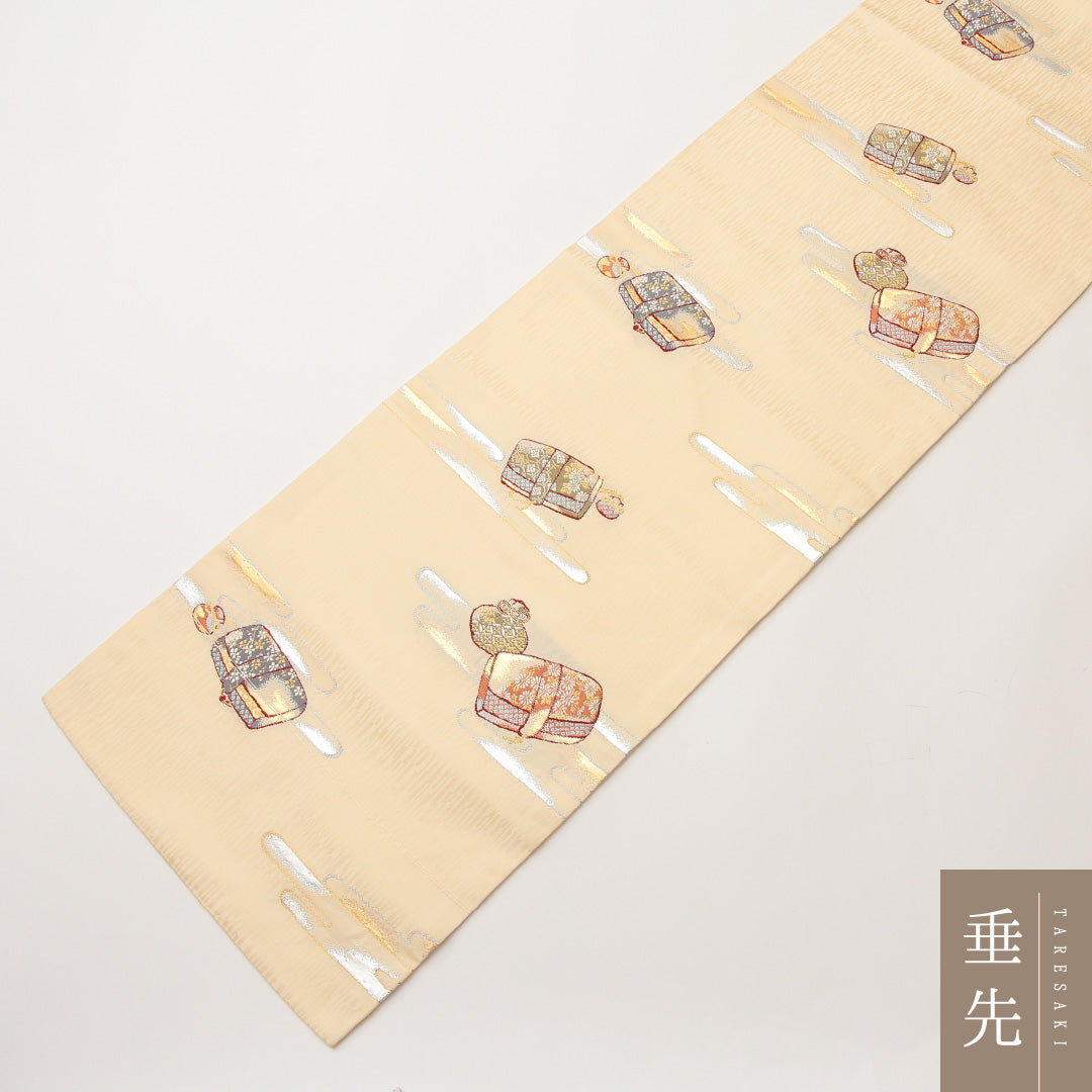 名古屋帯 六通 帯丈365cm セミフォーマル Sランク 正絹 ヱ霞 クリーム系 1224-02049
