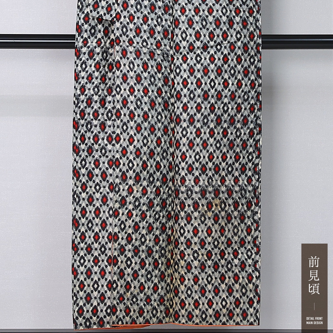 アンティーク 銘仙 身丈150cm 裄丈62cm Cランク S 正絹 袷 広衿 菱 グレー系 1216-12368