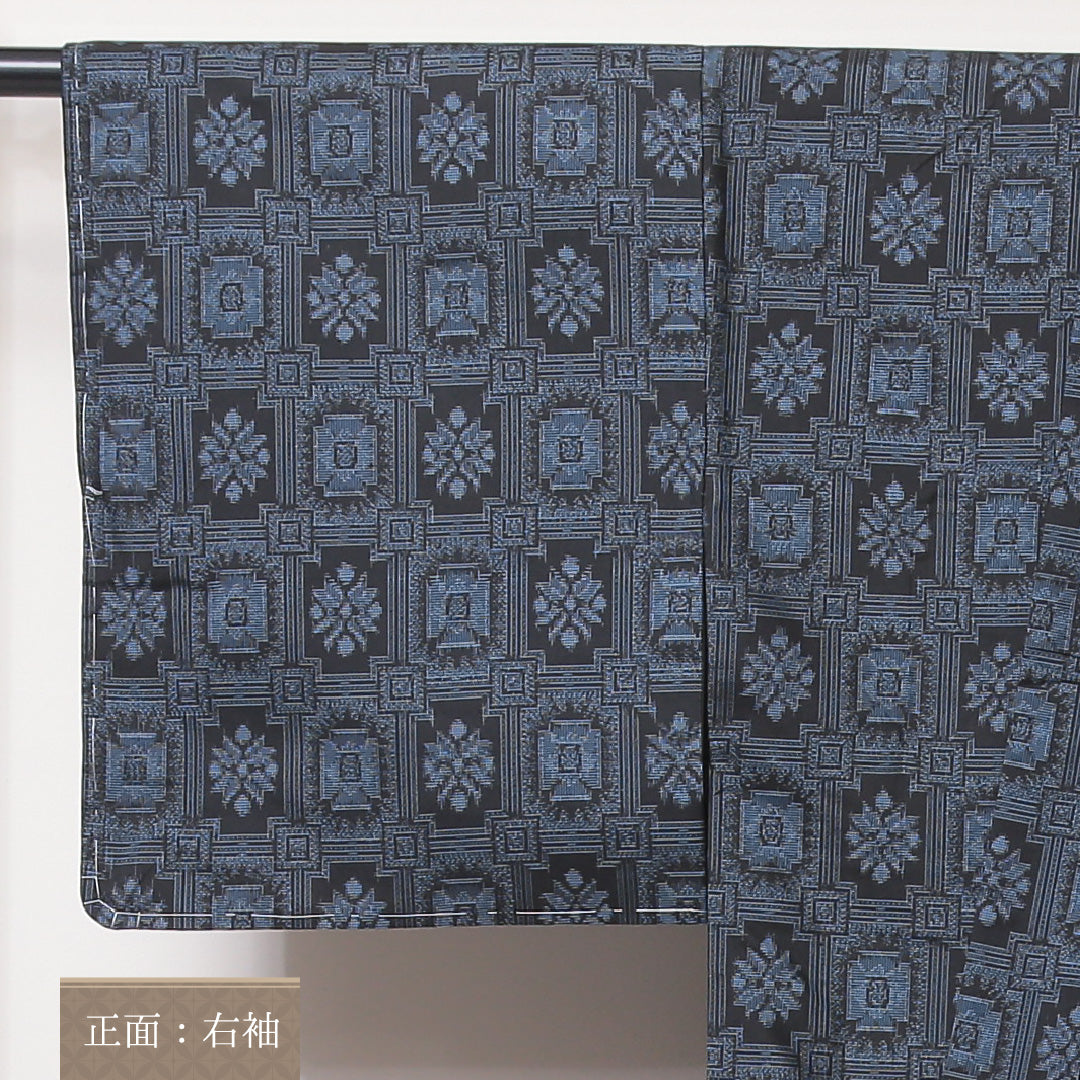 紬(村山大島紬) アンサンブル 袷 身丈162cm 裄丈62cm 正絹 Sランク Lサイズ 広衿 インフォーマル 創作柄 証紙 しつけ糸 紺系 1216-03529