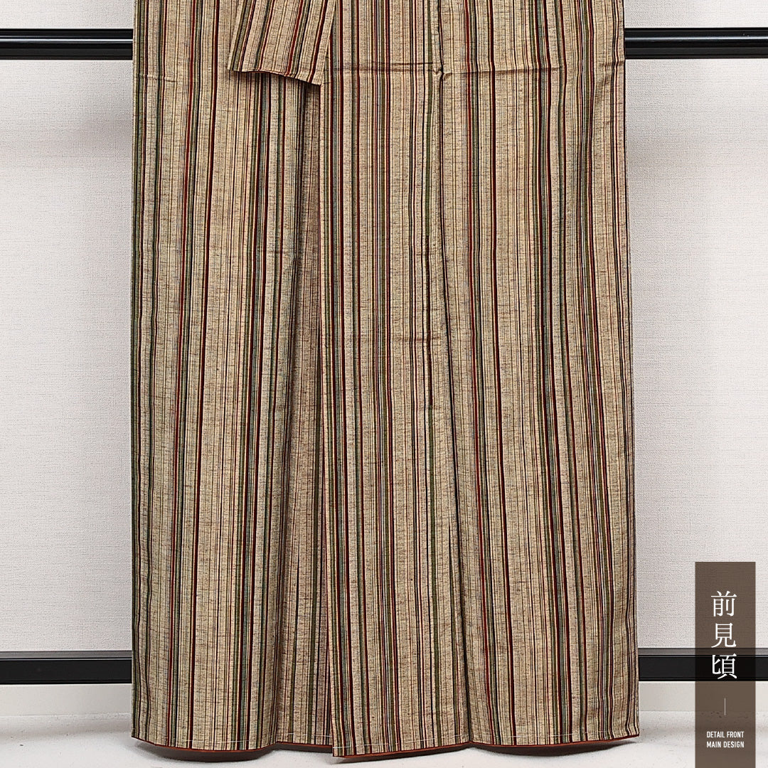 上田紬 袷 身丈160cm 裄丈63cm 正絹 Aランク カジュアル 広衿 Lサイズ 縞 茶系 HP 1223-14106