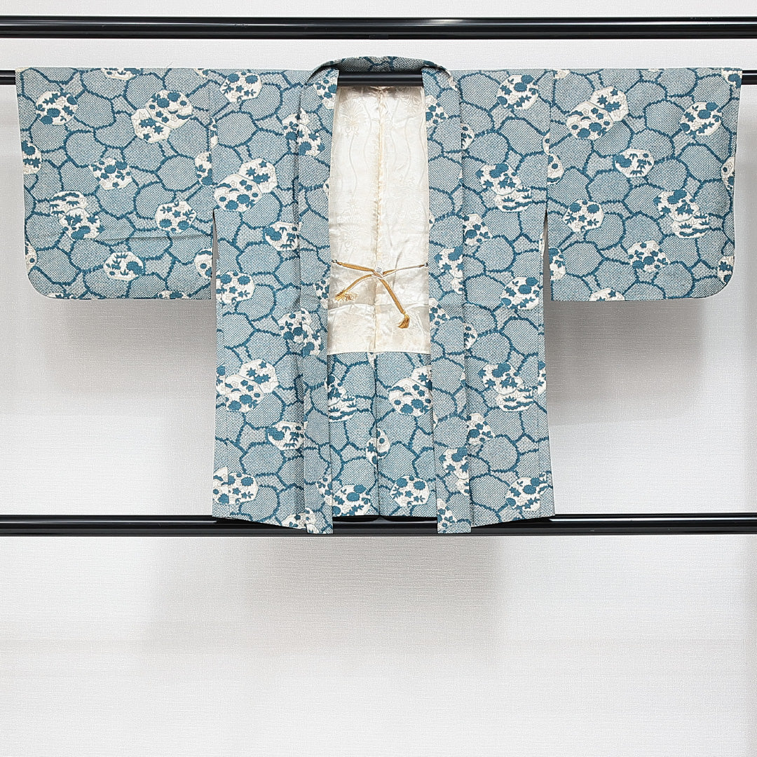 羽織 袷 身丈78cm 裄丈63cm 正絹 Sランク カジュアル Sサイズ 紐あり 菊 楓 鹿の子柄 青系 RP 1232-14649