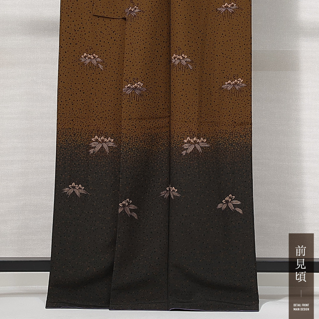 付下げ 洗える着物 袷 身丈165cm 裄丈65cm ポリエステル Sランク XLサイズ 広衿 インフォーマル 根笹 茶系 1261-14825