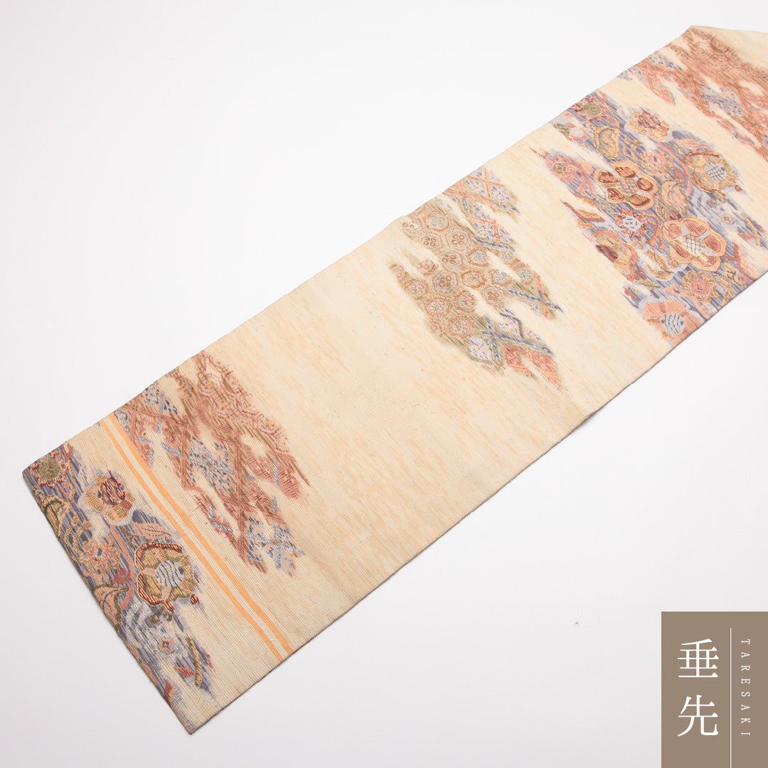 アンティーク 九寸名古屋帯 帯丈330cm 正絹 六通 名古屋仕立て 織り 金駒刺繍 紬 ひげ紬 亀甲 花柄 クリーム系 M4 1245-01765