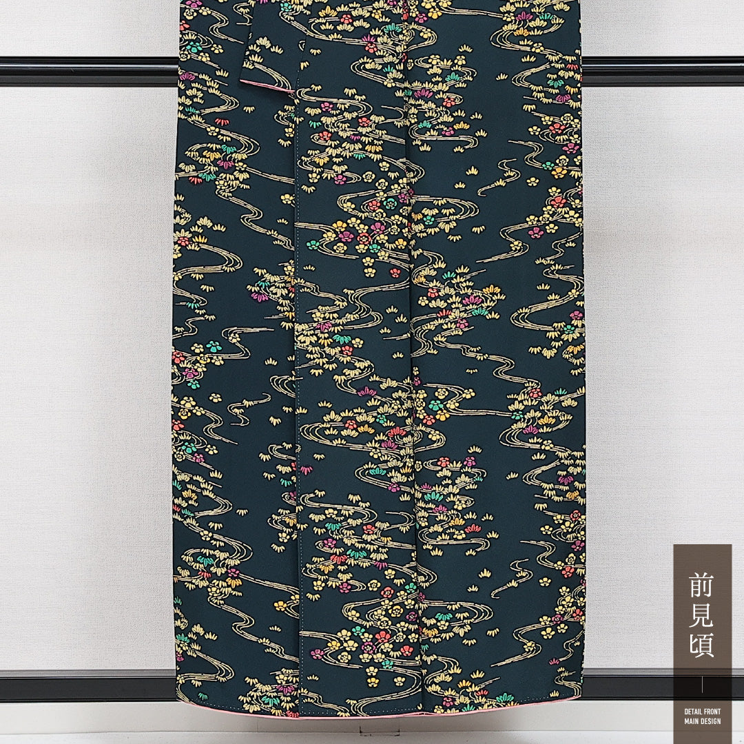 小紋 袷 身丈150cm 裄丈60cm 正絹 Aランク インフォーマル バチ衿 Sサイズ 流水 花柄 紺系 HP 1221-14554