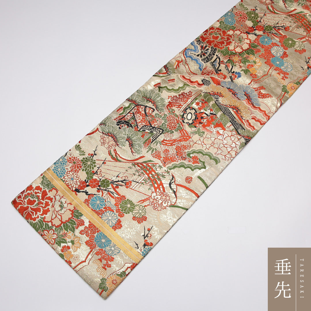 アンティーク 九寸名古屋帯 Aランク 帯丈336cm 正絹 六通 名古屋仕立て 織り 御所解 菊 松 クリーム系 RP 1245-01637