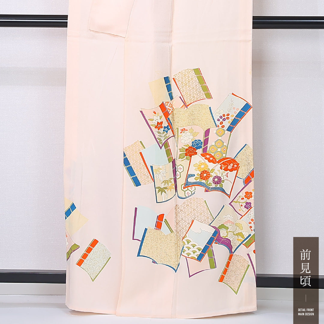 訪問着 身丈160cm 裄丈64.5cm Bランク L 正絹 単衣 広衿 吉祥文様 色紙 菊 紅葉 セミフォーマル ピンク系 1212-12229