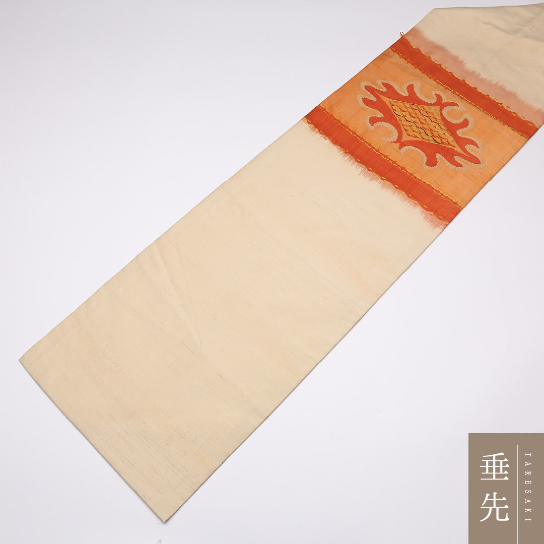 九寸名古屋帯 Aランク 帯丈368cm 正絹 ポイント柄 名古屋仕立て 織り カジュアル 紬 創作柄 クリーム系 RP 1245-01442