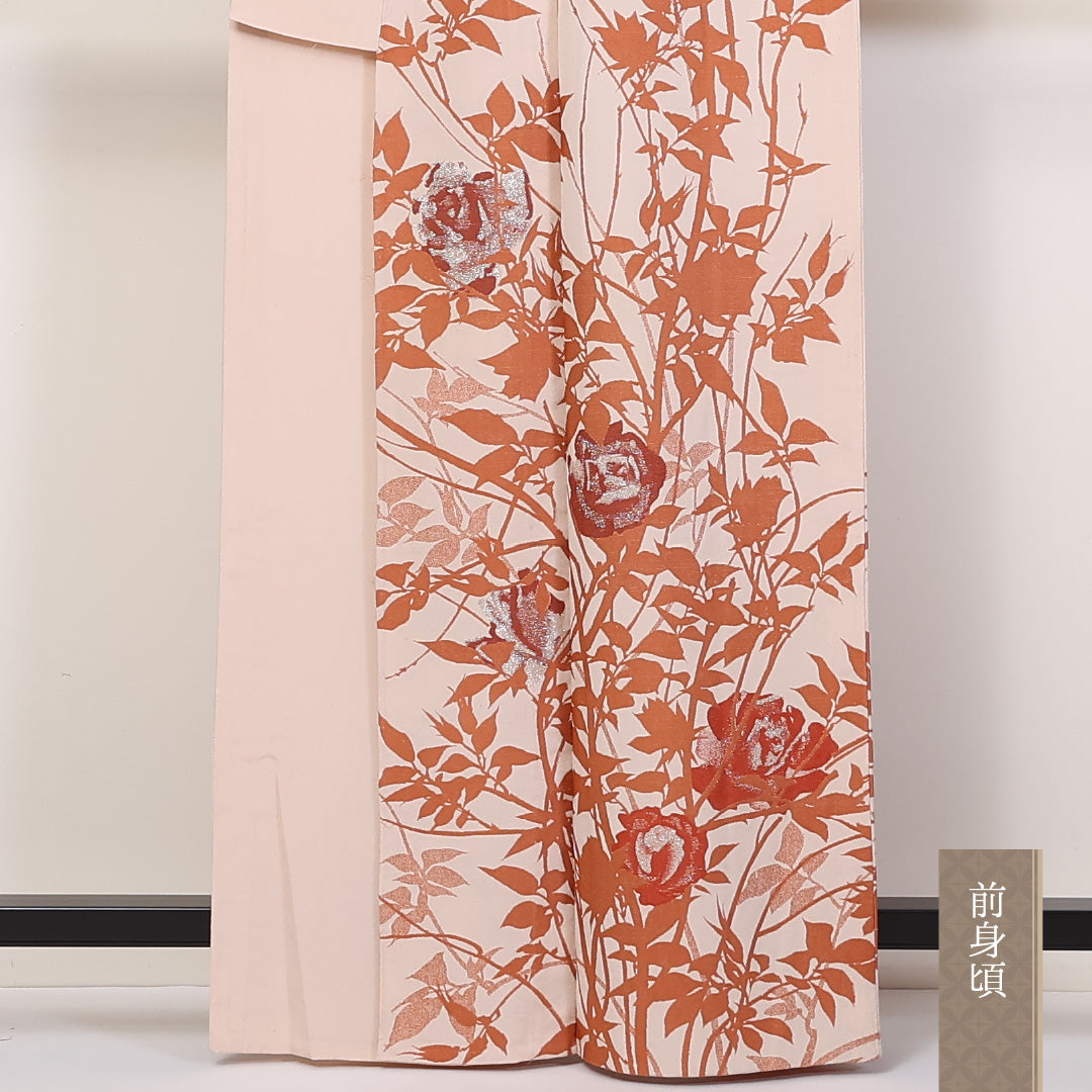 アンティーク お召 紬 単衣 身丈162cm 裄65.5cm 正絹 訪問着 漆糸 薔薇 クリーム系 Bランク 1216-01252