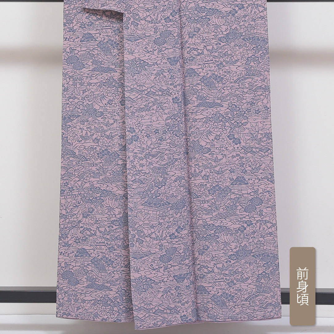 小紋 ちりめん 袷 身丈158cm 裄63cm ピンク系 茶屋辻 型染め 正絹 Sランク しつけ糸 1215-01770-2313