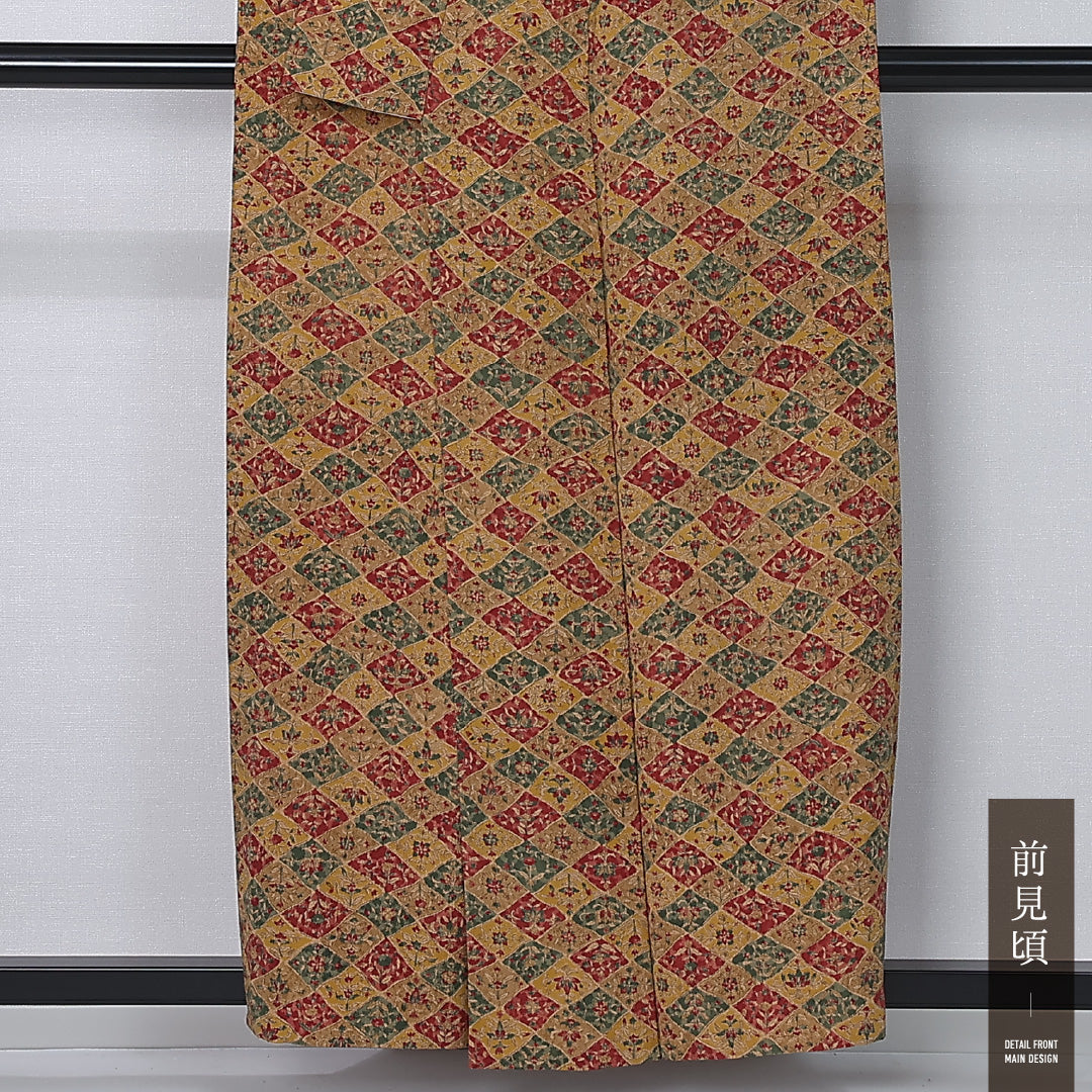小紋 単衣 身丈157cm 裄丈62cm 正絹 Sランク インフォーマル 広衿 Mサイズ 更紗 花柄 茶系 RP 1221-12225
