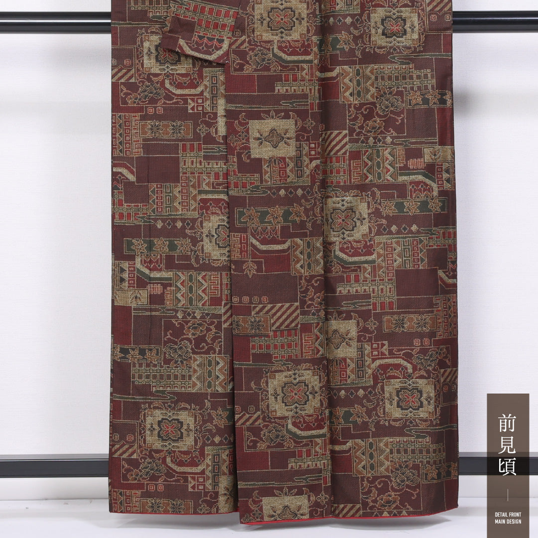 紬 袷 身丈158cm 裄丈64cm 正絹 Aランク カジュアル 広衿 Mサイズ 唐華 茶系 RP 1223-11508