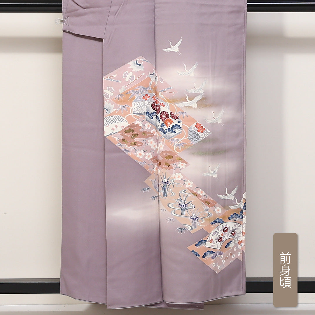 訪問着 袷 身丈154cm 裄丈63cm 正絹 Aランク セミフォーマル 広衿 Sサイズ ぼかし染 金彩 鶴 吉祥文様 紫系 RP 1217-04408