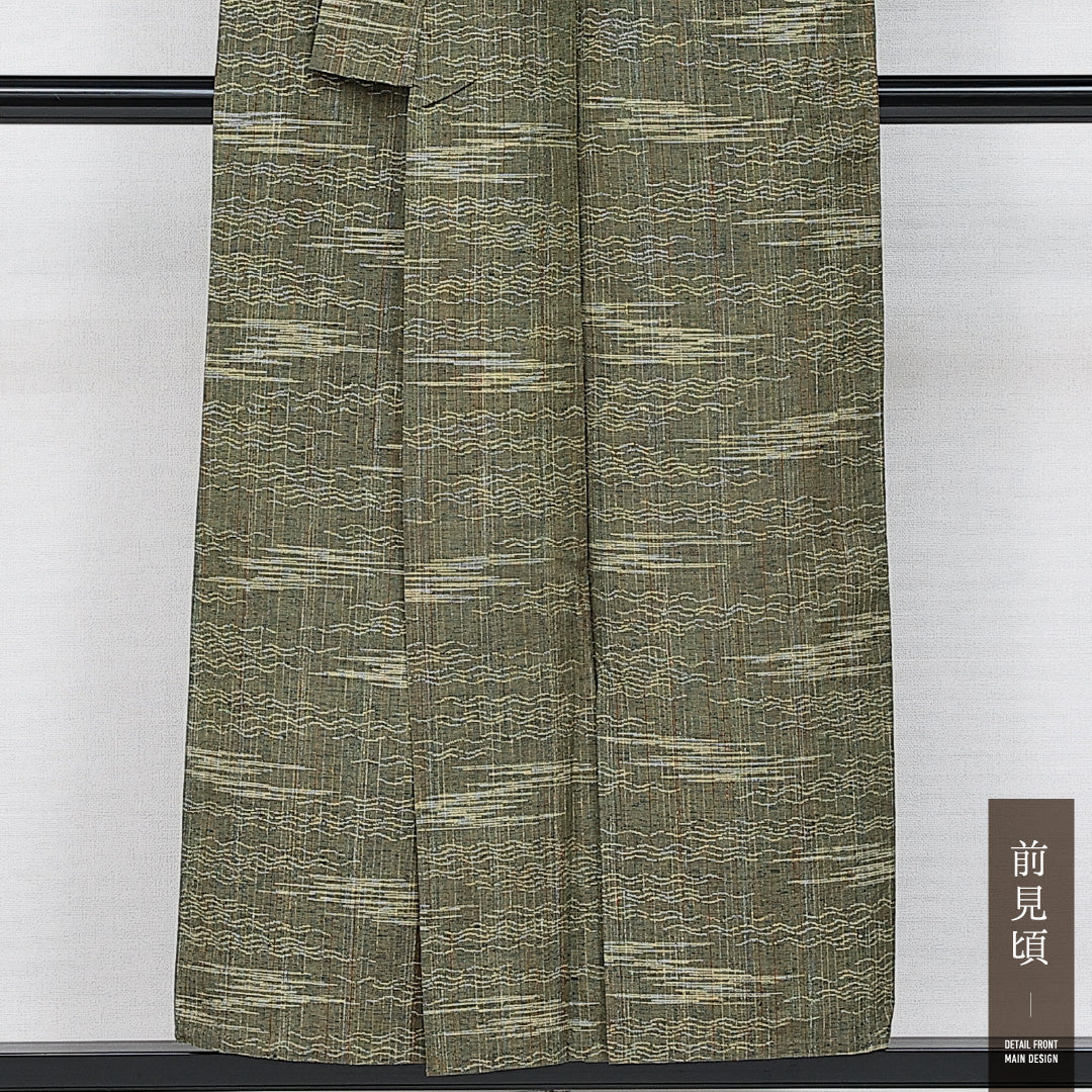 紬 単衣 身丈151cm 裄丈63cm 正絹 Sランク カジュアル バチ衿 Sサイズ 波 素朴 淡い 緑系 RP 1223-14590