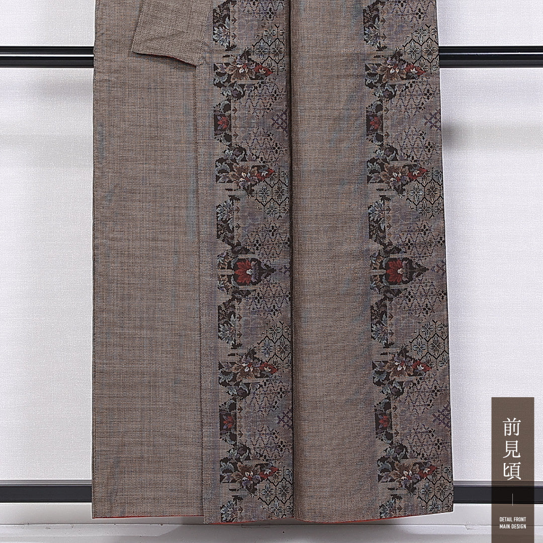 大島紬 袷 身丈155cm 裄丈64cm 正絹 Sランク インフォーマル 広衿 Mサイズ 経緯絣 花柄 花菱亀甲 茶系 M4 1223-11175