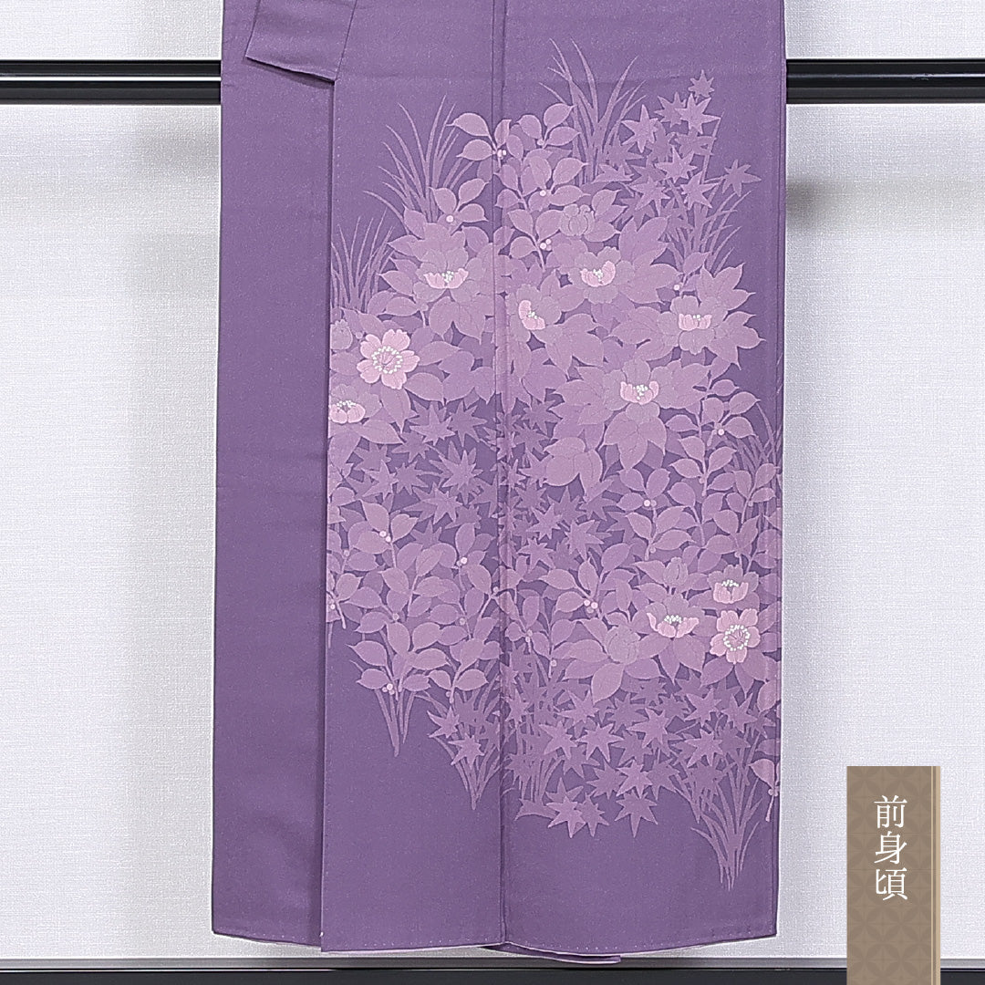 訪問着 袷 身丈146cm 裄丈58cm 正絹 Sランク 一つ紋 (三枚柏) セミフォーマル バチ衿 XSサイズ 椿 紅葉 紫系 RP 1217-10706