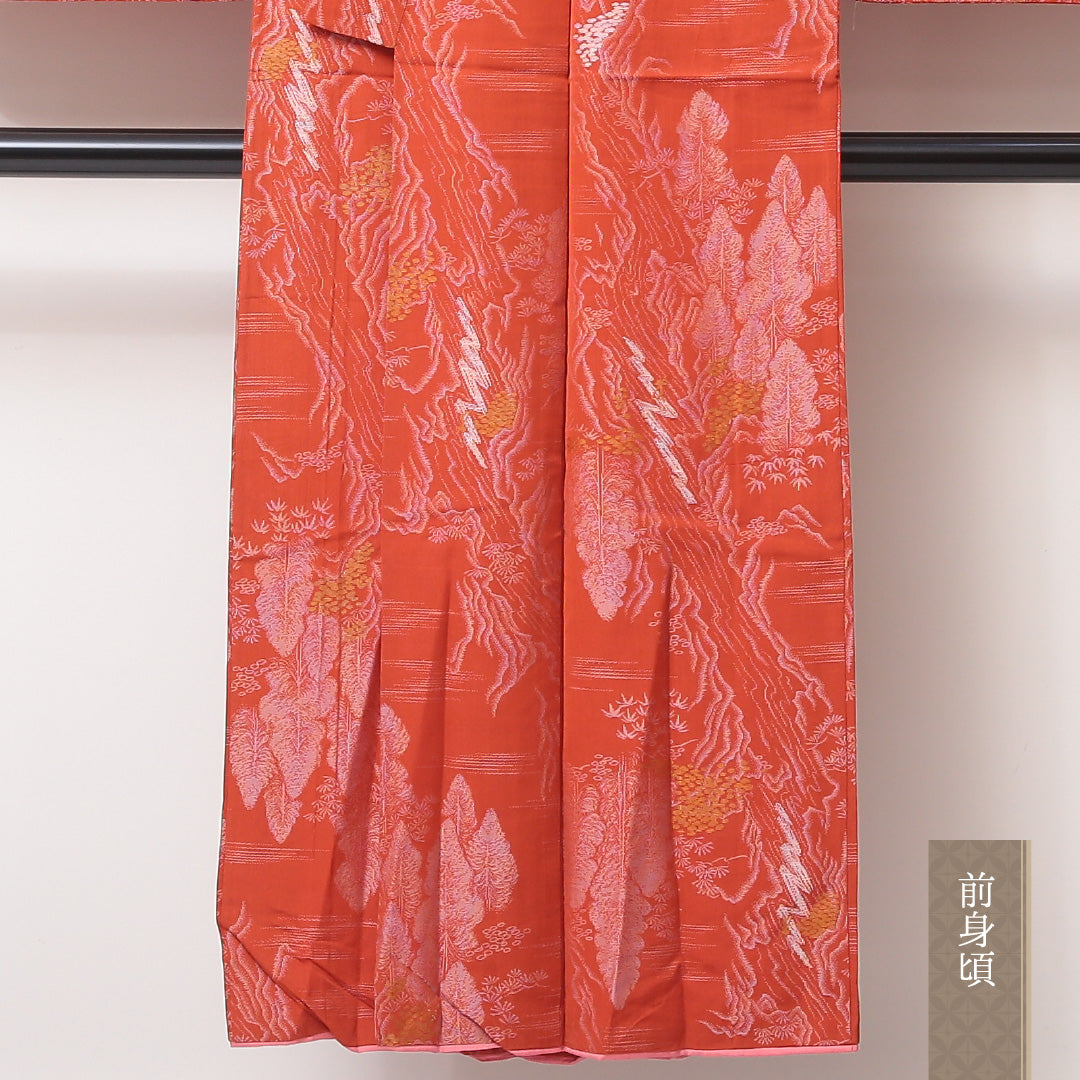 アンティーク お召 袷 身丈146cm 裄丈62cm 正絹 Bランク バチ衿 XSサイズ 植物柄 朱系 RP 1222-03524