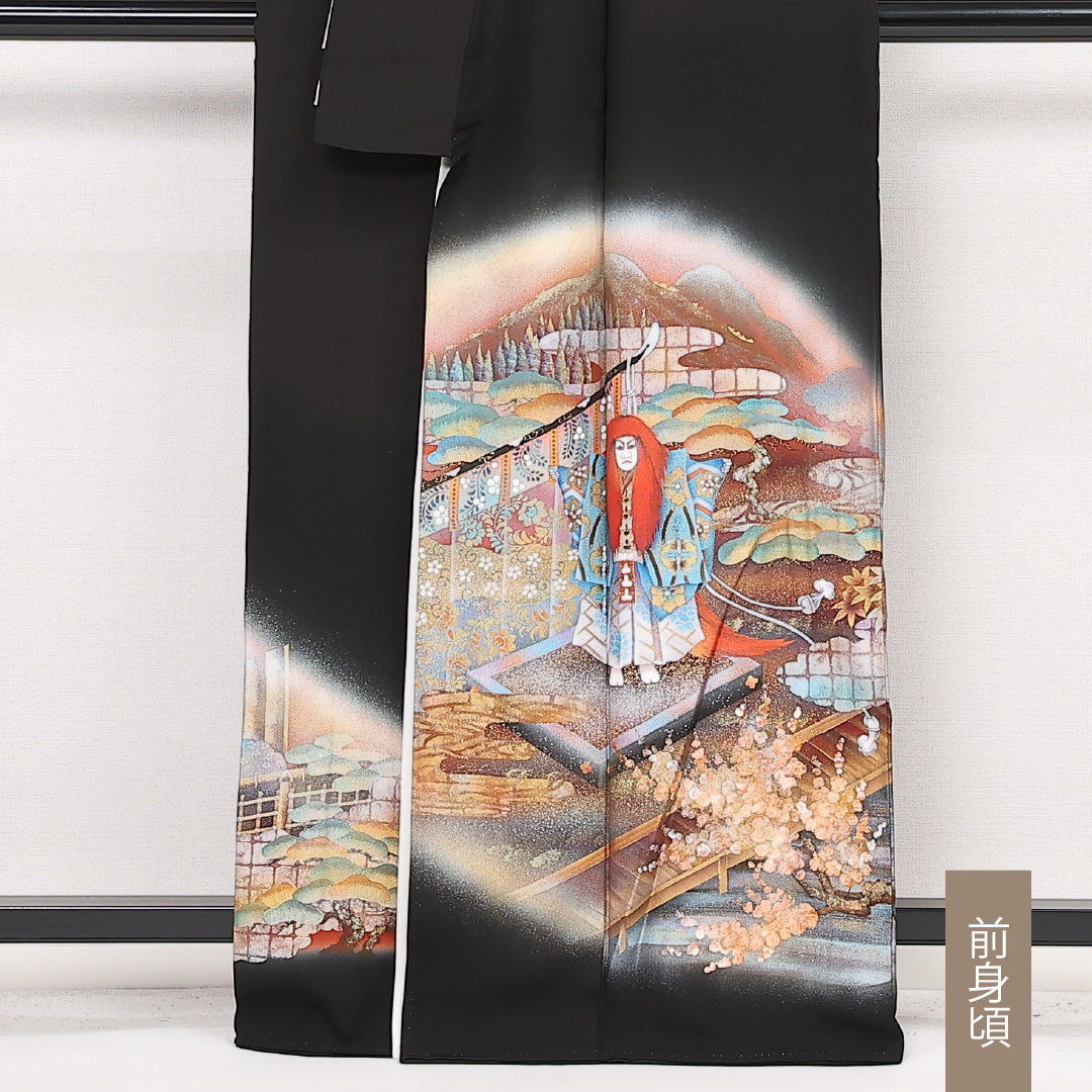 黒留袖 五つ紋 丸に井桁に十の字 身丈161cm 裄丈68.5cm Sランク 正絹 袷 比翼 広衿 L 歌舞伎 フォーマル 写実的 存在感 黒系 1211-F0582