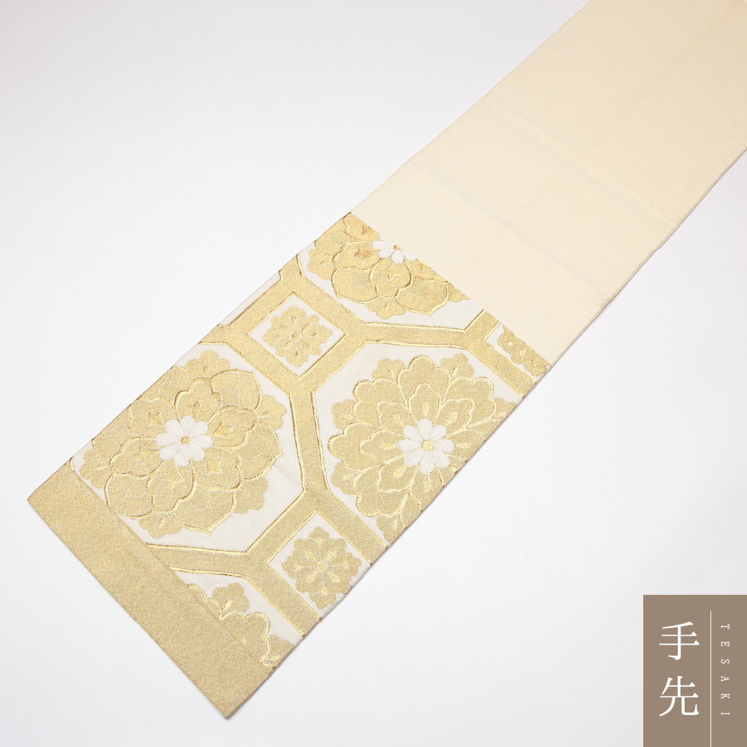 袋帯 帯丈432cm 正絹 六通 フォーマル 蜀江 宝相華 金系 白系 1243-01218
