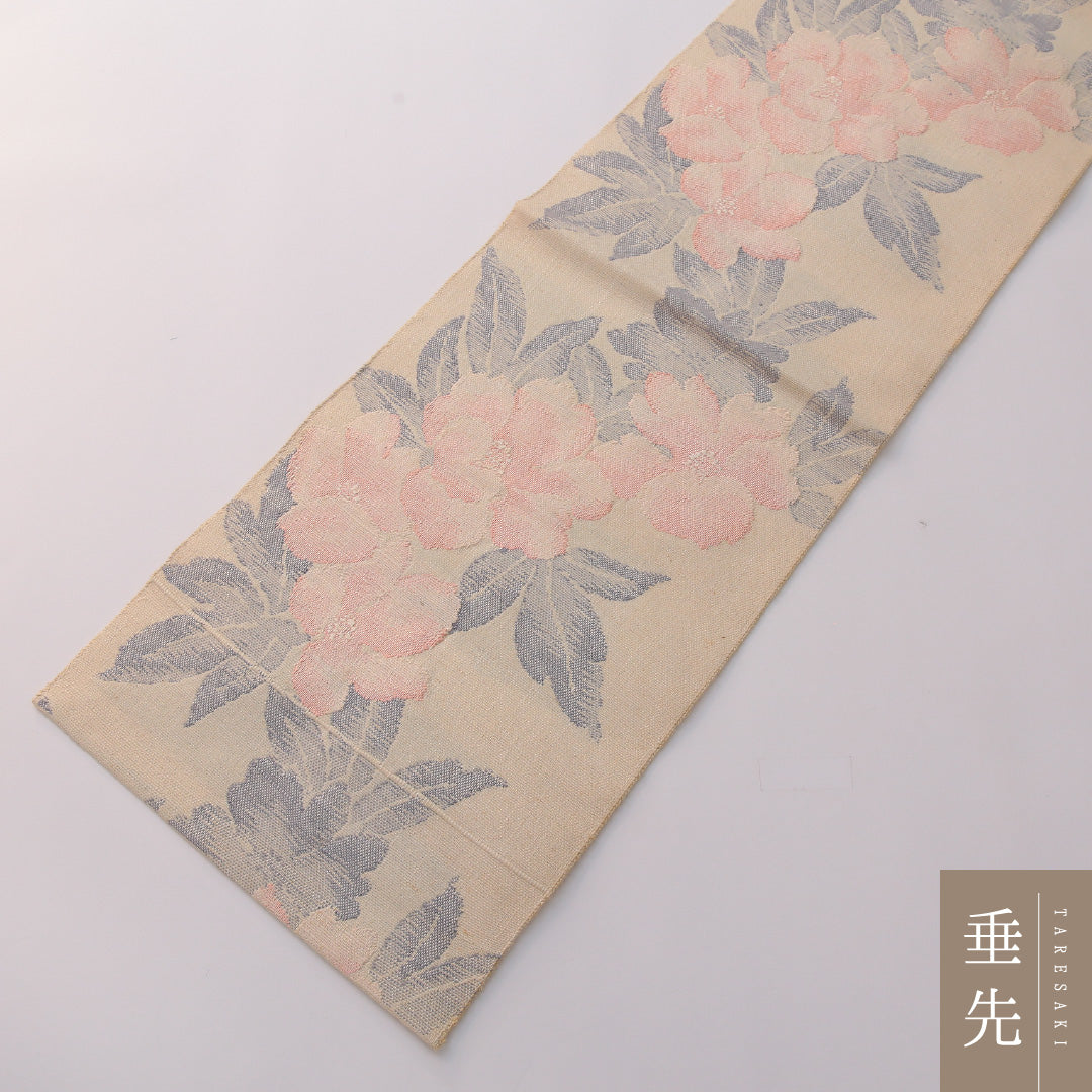 八寸名古屋帯 (夏帯) Cランク 帯丈336cm 麻 洗える帯 六通 名古屋仕立て 織り カジュアル 牡丹 クリーム系 M4 1245-03317
