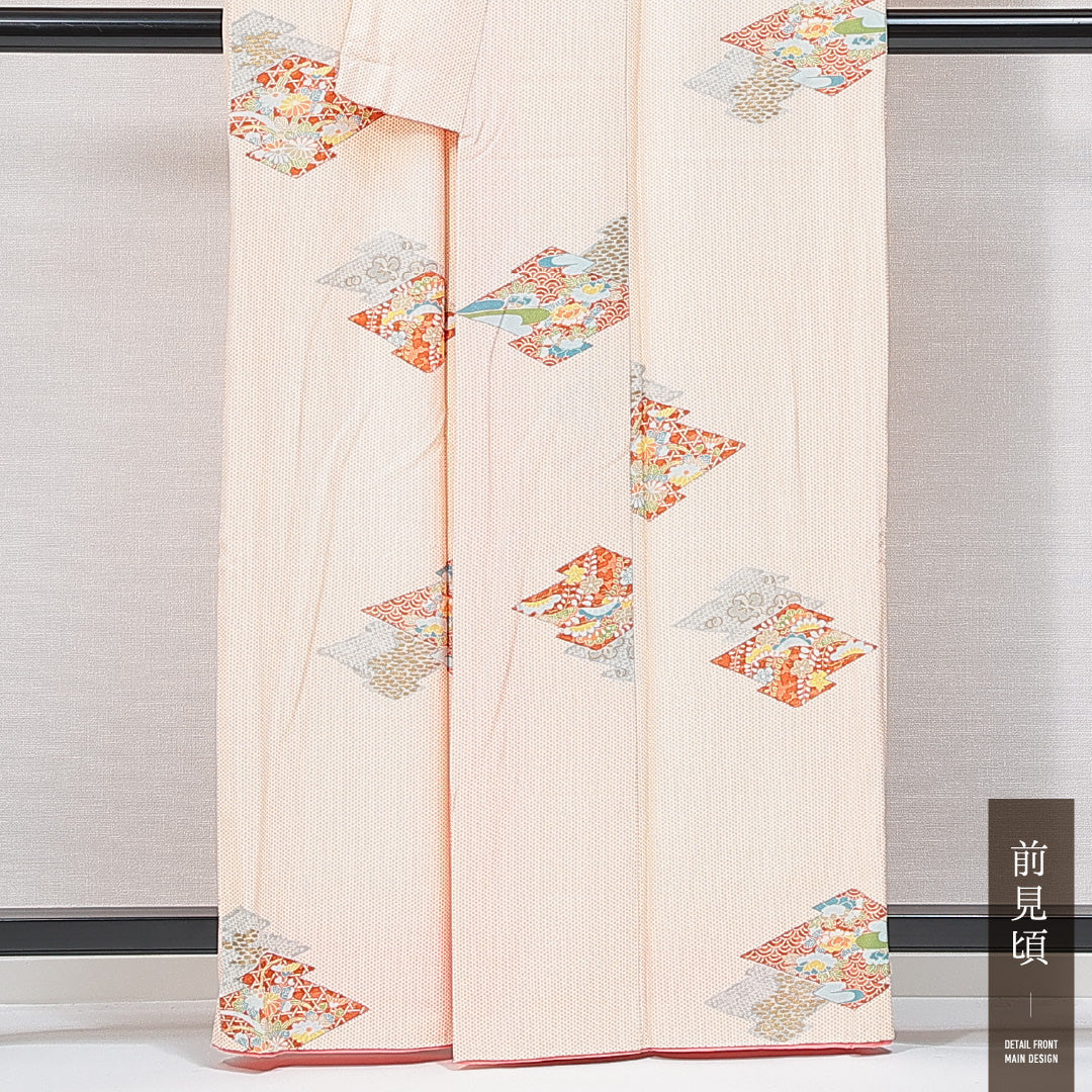 小紋 袷 身丈159cm 裄丈63cm 正絹 Sランク インフォーマル 広衿 Mサイズ 松皮菱 吉祥文様 ベージュ系 RP 1221-14884